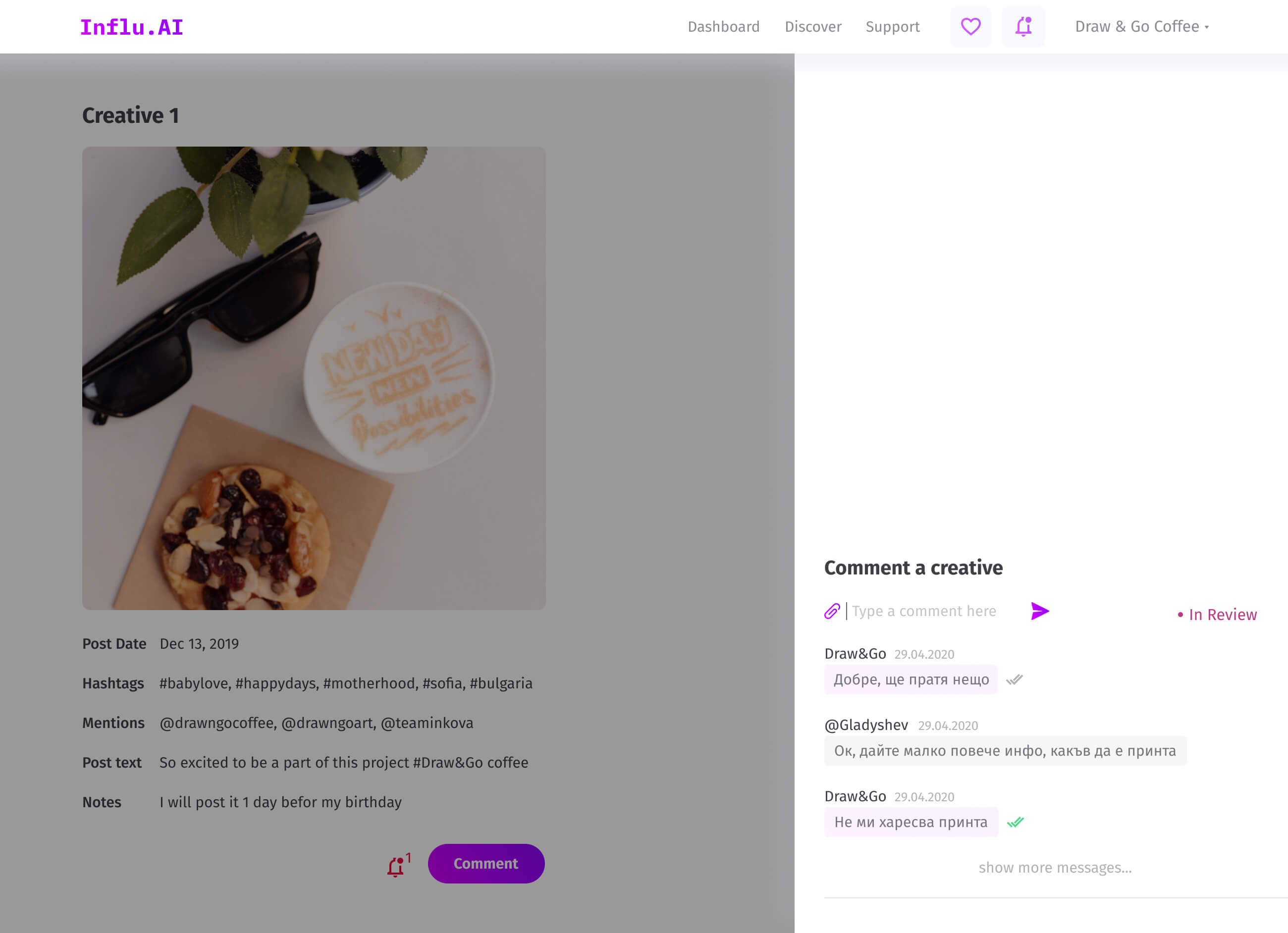 influ.ai messenger for coomunication between companies and influencers